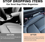 Car Seat Gap Filler Organizer 2 Pack with Hook & Emergency Window Breaker, 3-in-1 Safety Seat Gap Filler Prevents Phone Keys from Falling, Dual Storage, Includes 2 Sunglass Holders (Black)