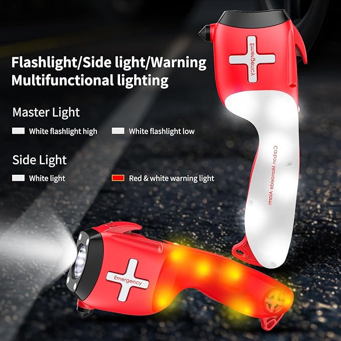 6-in-1 Multifunctional Emergency Tool, Flashlight with CO Detector, Window Breaker, Seat Belt Cutter, Red/White LED Warning L