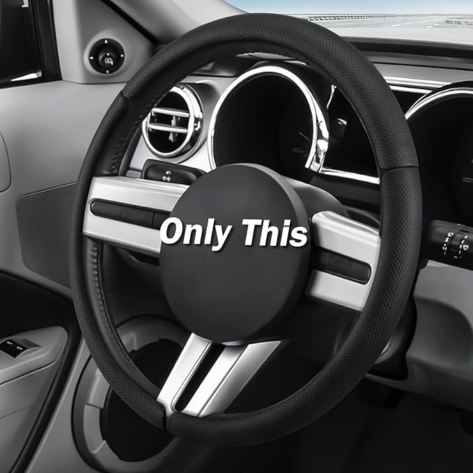 Leather Steering Wheel Cover for Ford Mustang 2005-2023, Anti-Slip and Breathable Segmented Design,Thin Car Interior Accessories,Car Steering Wheel Cover for Men Women(Black Hole)