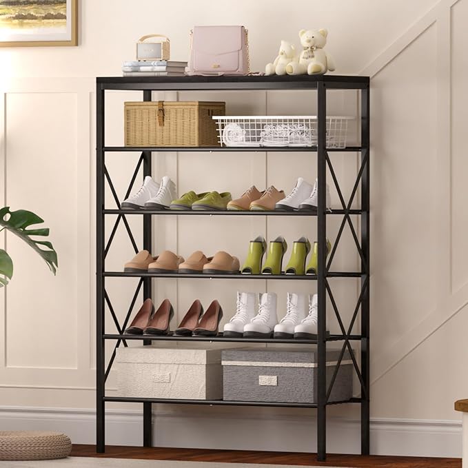 6 Tiers Shoe Rack, Large Capacity Shoe Rack Holds 32 Pairs of Shoes, Durable and Stable, Adjustable Metal Shelf Stackable Sho