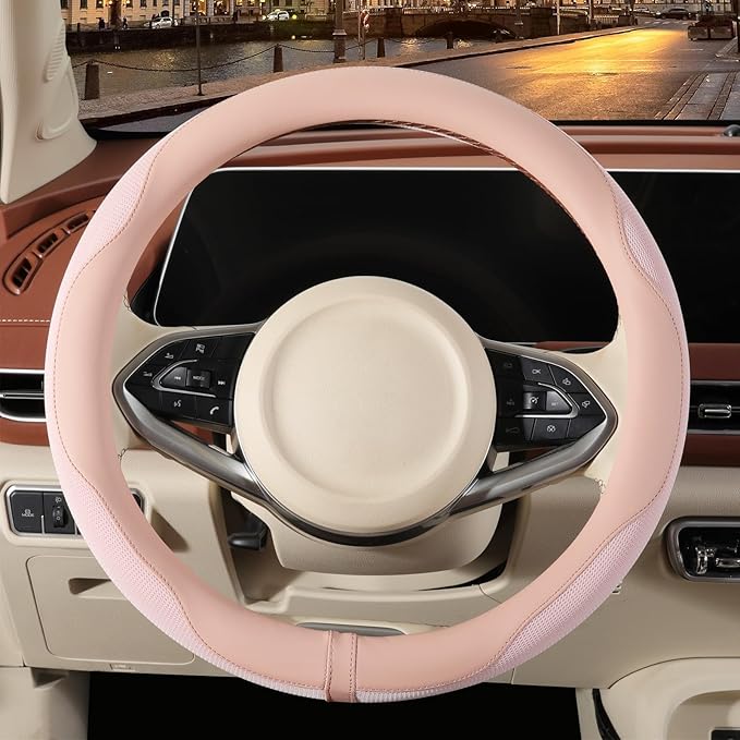 14 inch Steering Wheel Cover for Prius Civic, Nappa Microfiber Leather Non-Slip Breathable Fabric, Warm in Winter and Cool in