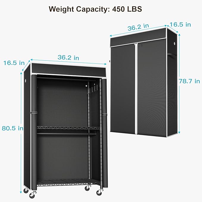 FUTASSI Clothing Rack with Cover, P1C Rolling Closets with Wheels, Metal Garment Rack for Hanging Clothes, Clothing Storage W