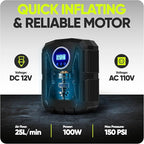 FORTEM Tire Inflator Portable Air Compressor, Air Pump for Car Tires and Bikes, Car Tire Pump w/Auto Shut Off, 150 PSI, 110V AC 12V DC, LED Light, Carrying Case, for Men, Women