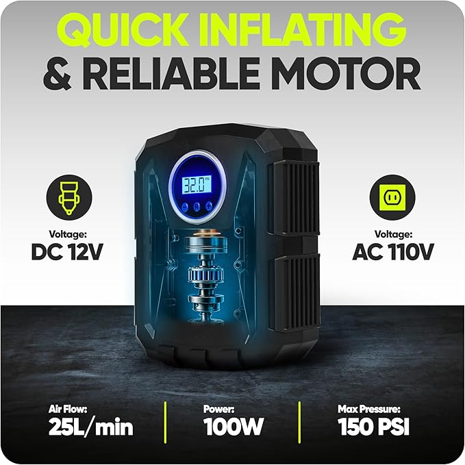 FORTEM Tire Inflator Portable Air Compressor, Air Pump for Car Tires and Bikes, Car Tire Pump w/Auto Shut Off, 150 PSI, 110V AC 12V DC, LED Light, Carrying Case, for Men, Women