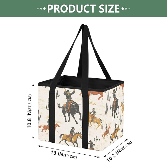 Western Cowboy Reusable Grocery Bags Large Shopping Tote Bag with Reinforced Bottom Board, Water Resistant Foldable Storage B