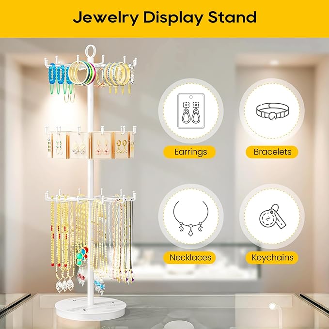 ORLESS 3 Tier Rotating Jewelry Display Stand, Keychain Display Stand with 36 Hooks, Metal Retail Display Spinning Holder for 