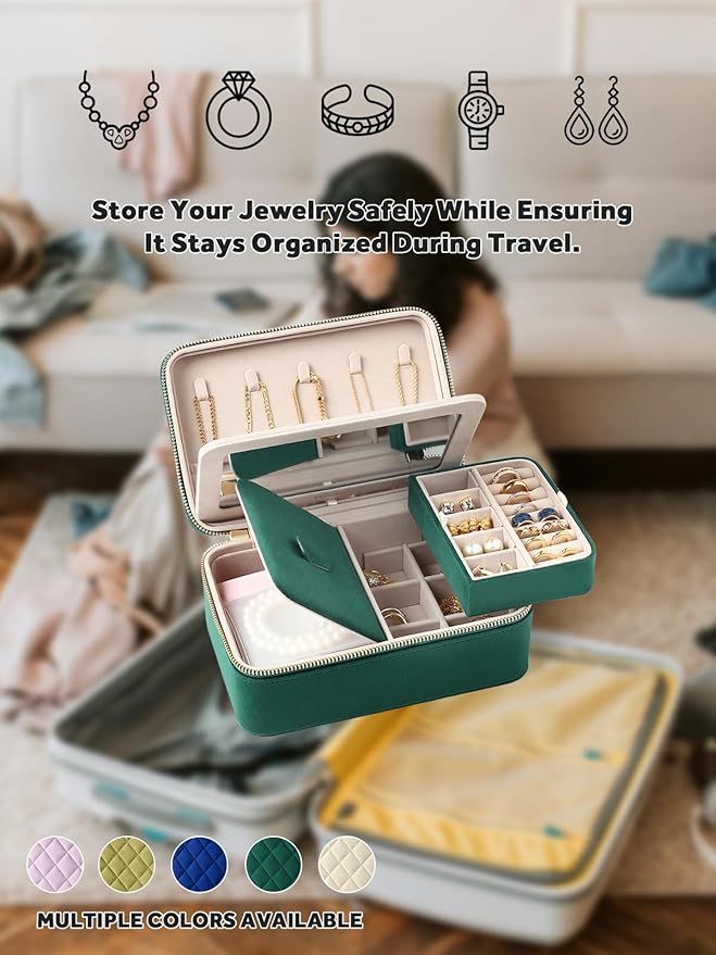 Velvet Travel Jewelry Box with Large Mirror, Double-Layer Jewelry Organizer Case for Women and Girls, Portable Storage Case w