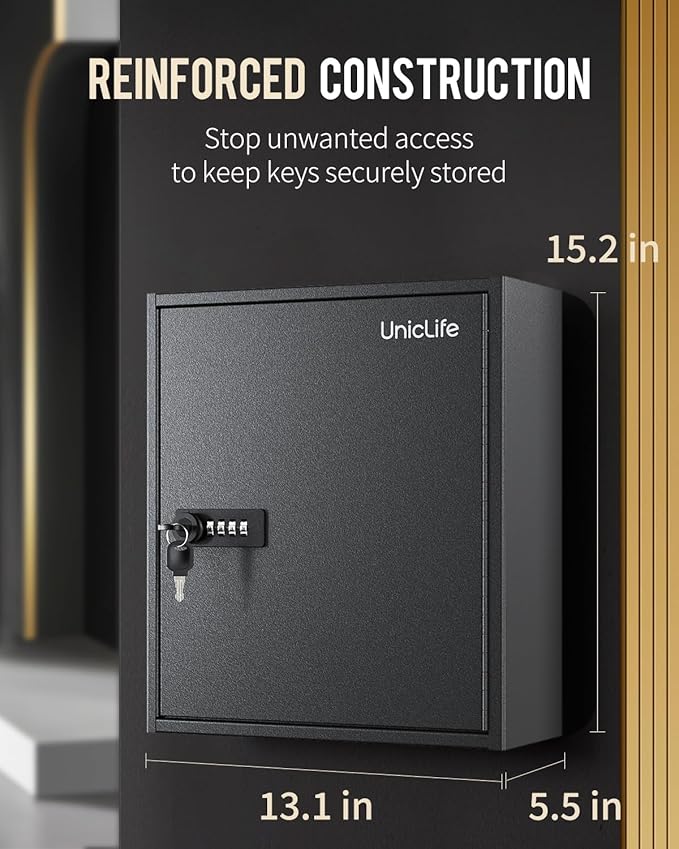 Uniclife 60 Position Key Cabinet Steel Security Storage Box with Combination & Key Lock, Resettable, Digital, Adjustable Rack