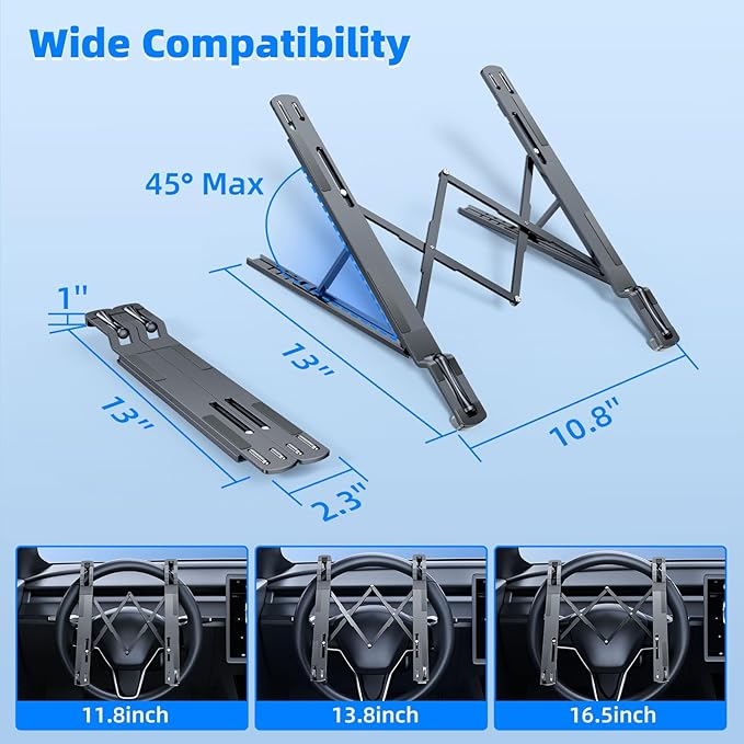 Angle Adjustable Car Steering Wheel Laptop Holder,Foldable Laptop Stand for car,Metal Car Laptop Riser | Car Reading Stand | Car Tablet Holder, Multipurpose Travel Car Accessories (Gray)