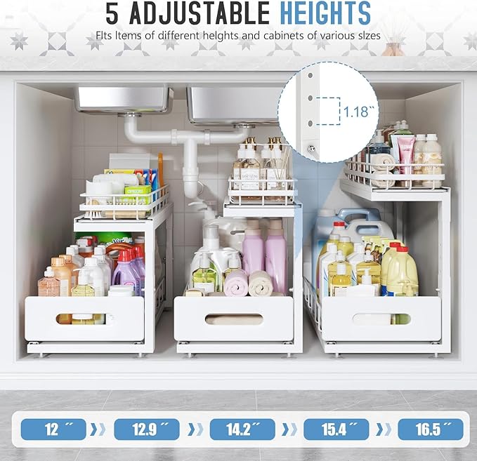 Under Sink Organizer Upgrade To Professional Rails,2-Tier Dual Pull Out Cabinet Storage,Height Adjustable Slide Out Drawers F