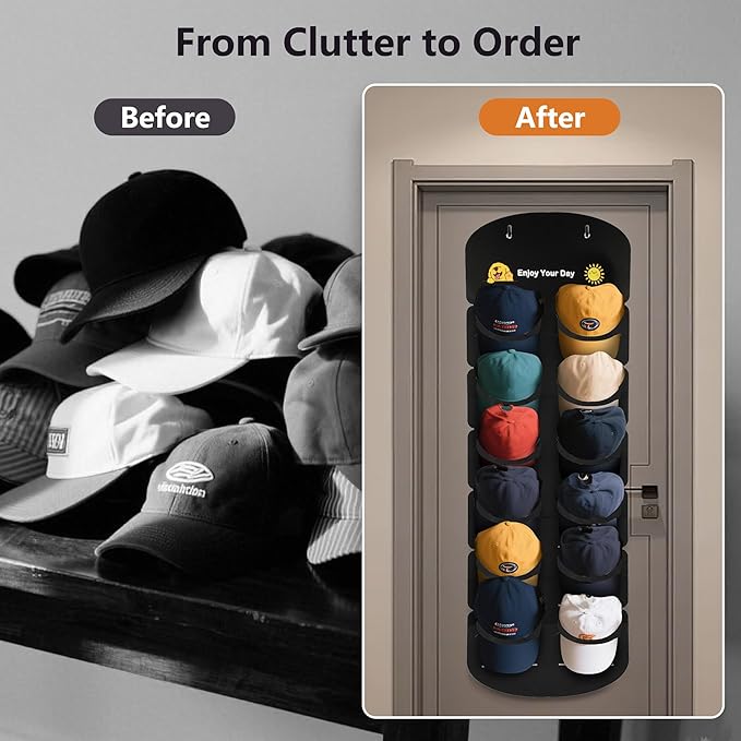 Hat Organizer for Baseball Caps, Over The Door Cap Organizer Cap Hat Holder with 12 Deep Clear Pockets, Hat Storage to Protec