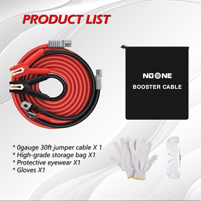 NOONE 0 Gauge 30FT Heavy Duty Jumper Cables for Car Battery, 1000A Quick Connect Automotive Booster Cables for SUVs & Trucks, Includes Carry Bag, Gloves & Goggles