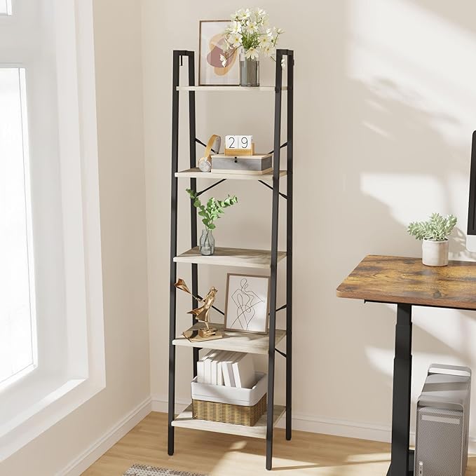 Hzuaneri Ladder Shelf, Bookshelf Bookcase, Freestanding Corner Storage Shelve with 2 Hooks for Home Office, Living Room, Kitc