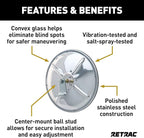 RETRAC 610673 8-Inch Stainless Steel Center-Mount Convex Mirror Head with J-Bracket, Universal Driver or Passenger Side