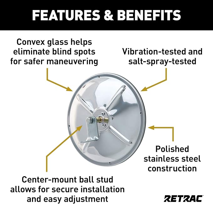 RETRAC 610673 8-Inch Stainless Steel Center-Mount Convex Mirror Head with J-Bracket, Universal Driver or Passenger Side