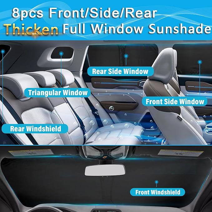 KMF 8pcs Full Thicken Sun Shades for 2025 2026 Tesla Model Y Juniper Accessories, Tesla Y Privacy Car Window Covers for Windshield Side Rear, UV Block and Blackout for Camping Outdoor