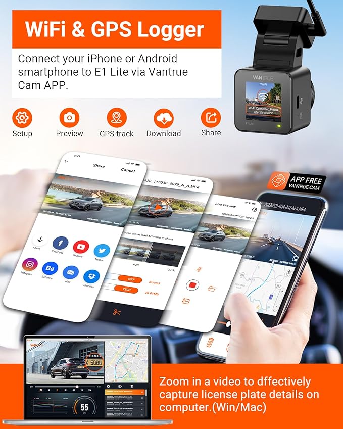 Vantrue E1 Lite 1080P Dash Cam, Mini Car Camera with Night Vision, 60fps Dash Cam with GPS and Speed, Wi-Fi APP Control, Loop