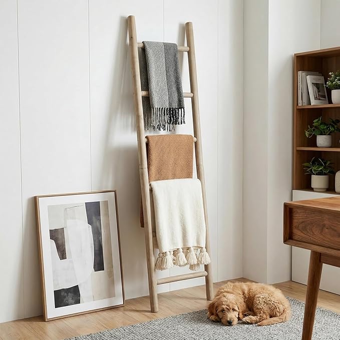 Wooden Blanket Ladder - 76in Natural Wood Color- Leaning Wall Decor for Bedroom, Bathroom, Living Room - Rustic Quilt Holder 