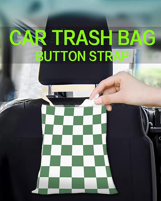 Car Trash Can, Durable Hanging Car Trash Garbage Bag, Cute Automotive Garbage Cans Organizer, White Green Checkerboard