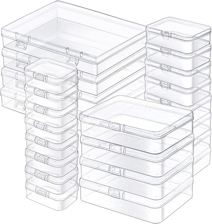 24 Pack Mixed Sizes Rectangular Mini Plastic Containers Clear Plastic Storage Boxes with Hinged Lids and Labels Empty Beads O