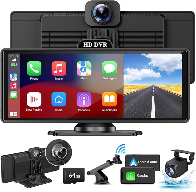Wireless Apple Carplay Screen for Car with 4K Dash Cam, 10.26" Portable Apple Carplay & Android Auto, HD Touchscren with 1080