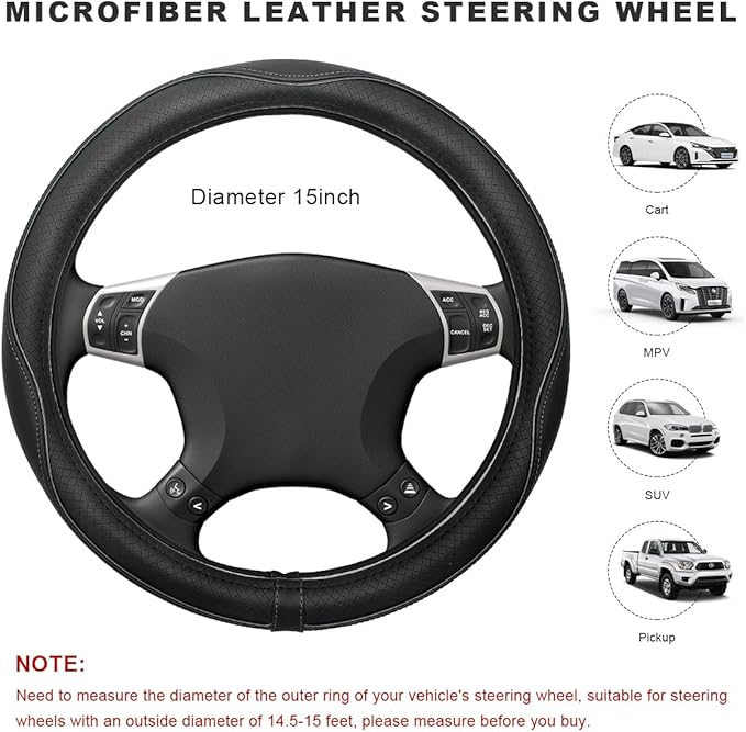 Car Steering Wheel Cover, 15 Inch Anti-Slip Breathable Leather Auto Steering Wheel Protector, Full Surround Soft Steering Whe