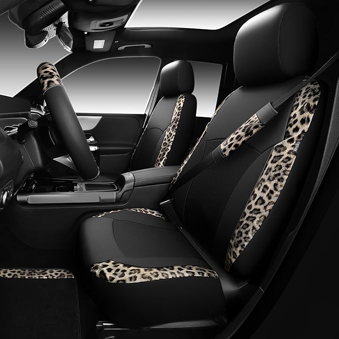 CAR PASS Leopard Print Faux Leather Car Seat Covers & Leopard Car Mats&Leopard Steering Wheel Cover Seat Belt Universal Car A