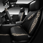 CAR PASS Leopard Print Faux Leather Car Seat Covers & Leopard Car Mats&Leopard Steering Wheel Cover Seat Belt Universal Car A