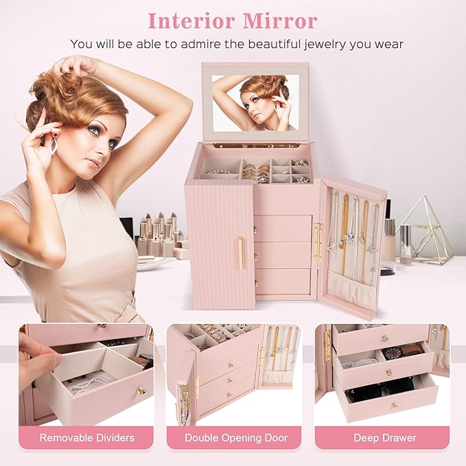 Dajasan Large Jewelry Box Organizer, Jewelry Storage with 3 Drawers, Huge Jewelry Box with Mirror, Gift Idea for Women, Girls