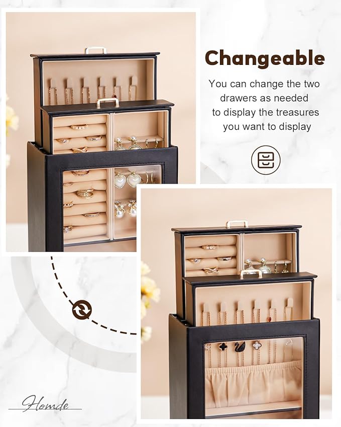 Homde Jewelry Organizer Girls Women Jewelry Box for Necklaces Rings Earrings Gift Bracelets Storage Case (Black + Gold)