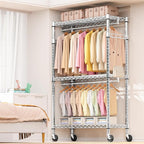 M MZG Heavy Duty Rolling Garment Rack 3 Tiers Adjustable Wire Shelving Clothes Rack with 2 Rods and Side Hooks, Storage Close