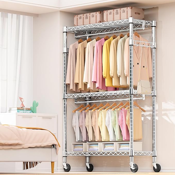 M MZG Heavy Duty Rolling Garment Rack 3 Tiers Adjustable Wire Shelving Clothes Rack with 2 Rods and Side Hooks, Storage Close
