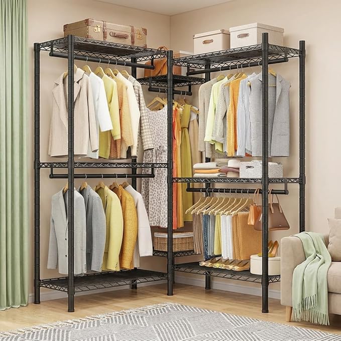 Raybee L Shaped Clothes Rack for Corner, Clothing Racks for Hanging Clothes, 900LBS Heavy Duty Clothes Rack Garment Rack 74.5
