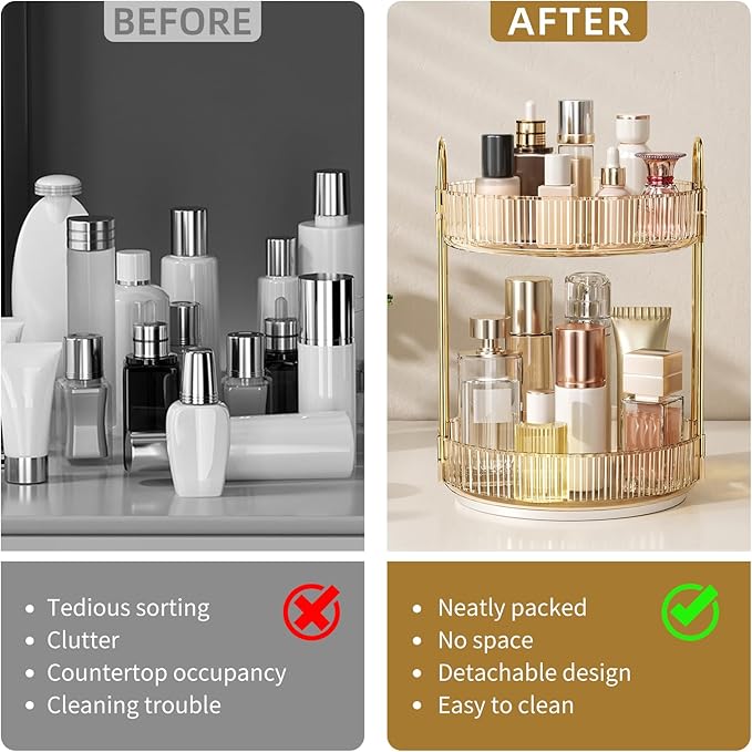 360° Rotating Makeup Organizer, Large Capacity Skincare Organizer, 2 Tier Cosmetic Skin Care Perfume Dresser Organizer, Fits 