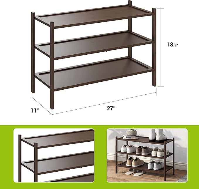 BMOSU 3-Tier Bamboo Shoe Rack Premium Stackable Shoe Shelf Storage Organizer for Hallway Closet Living Room Entryway Organize