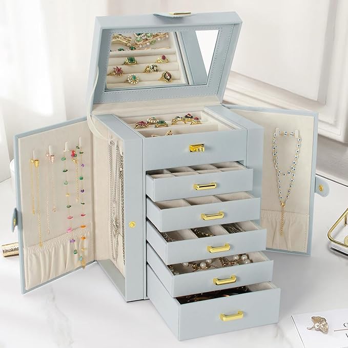 AKOZLIN Functional 6-Tier Jewelry Box Organizer with 5 Drawers Leather Jewelry Storage Case for Women Girls Ring Necklace Ear
