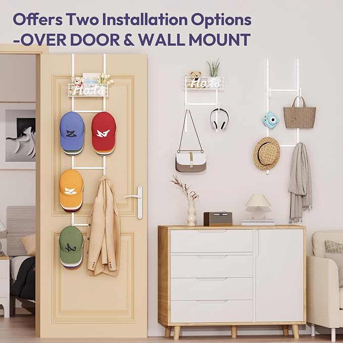 SWTYMIKI Over Door Hat Organizer - Wall Mounted Hat Rack with 6 Hooks and Metal Basket Design, Hanging Baseball Cap Organizer