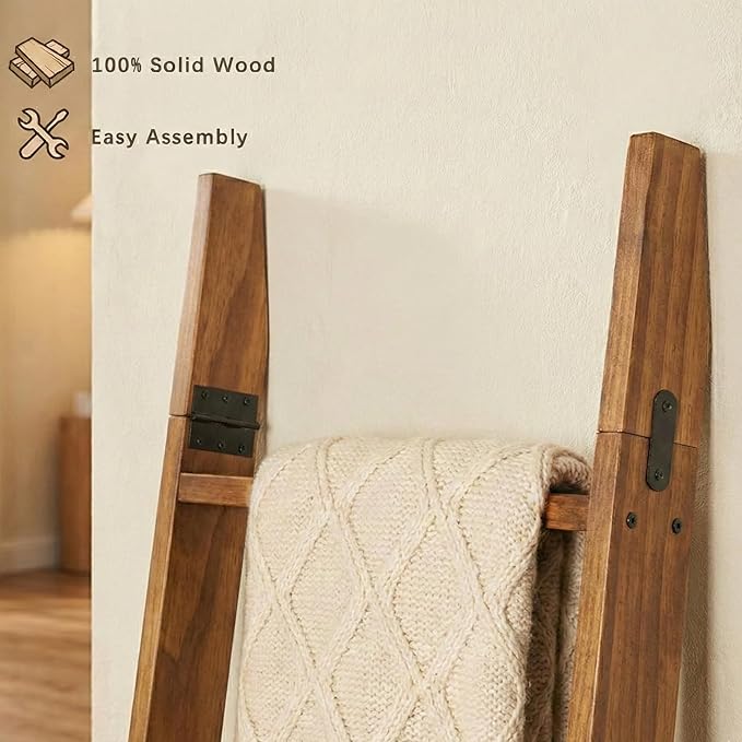 Blanket Ladder for Living Room 6-Tier, Wooden Decorative Quilt Holder for Bed Room, Wall-Leaning Towel Rack for Bathroom, Dec