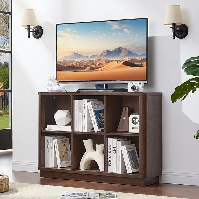 Joaxswe 6 Cube Storage Bookcase, 40" Wide Low Horizontal Book Shelf with Curved Edge, Wood Floor Standing 2-Tier Bookshelf wi