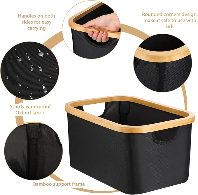 Hushee 4 Pcs Collapsible Storage Basket with Bamboo Handles 15"x10.3"x7.9" Foldable Fabric Storage Bins for Organizing Shelve