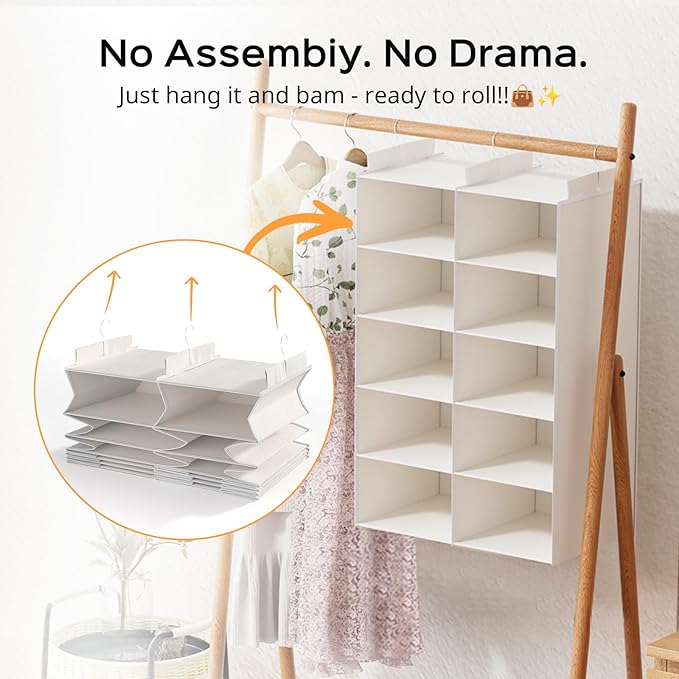 ALLTIDYUP White 5-Tier Hanging Closet Storage Organizer - Space-Saving Dual-Row Foldable Shelves with 3 Hooks, Wardrobe Organ