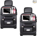 2PCS Car Backseat Organizer, Leather Multi-Pocket Seat Back Protector with Foldable Table Tray, Multifunctional Vehicle Storage Organizer Kick Mat for Kids Toddler Travel (Black)