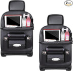 2PCS Car Backseat Organizer, Leather Multi-Pocket Seat Back Protector with Foldable Table Tray, Multifunctional Vehicle Storage Organizer Kick Mat for Kids Toddler Travel (Black)