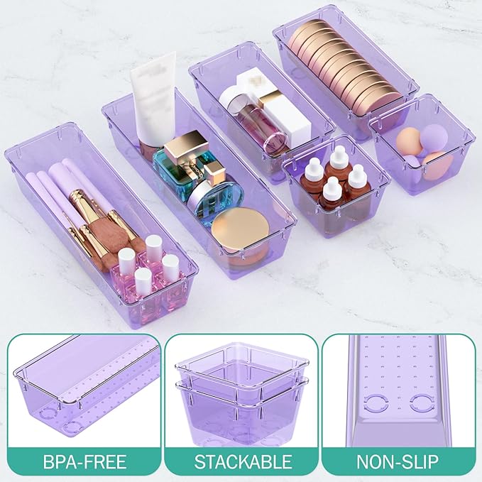 WOWBOX 9 Pack Clear Drawer Organizer Set, Acrylic Drawer Storage Trays, Storage Bins for Makeup, Cosmetics, Jewelries, Utensi