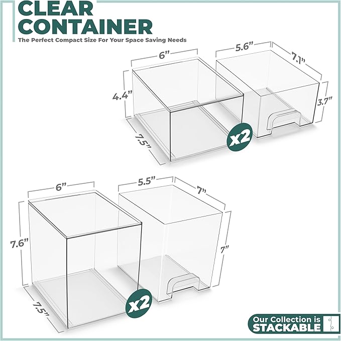Sorbus Acrylic Storage Containers - 4 Pack, Stackable Storage Bins Set for Bathroom Organization - Clear Acrylic Drawer Organ