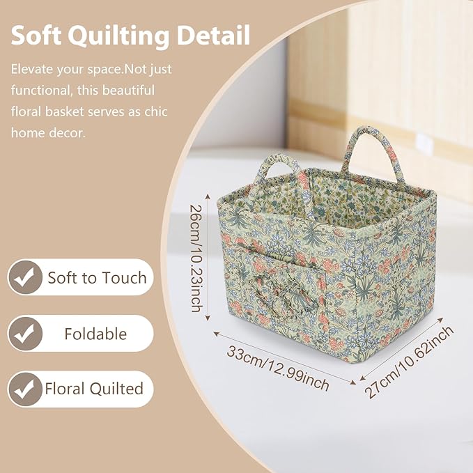 Storage Basket Boho Fabric Large Collapsible Floral Laundry Nursery Hamper Portable Folding Storage for Clothes Toys (Light G