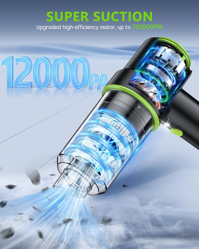 CODN Handheld Car Vacuum Portable Cordless 12000PA, 2 in 1 Handheld Vacuum Cleaner and Air Duster with Multi-Nozzles and LED 