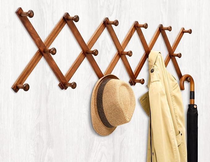 Amber Home Wood Accordion Wall Rack 17 Hooks (Pegs), Expandable Wall Mounted Hanger for Coat, Hat, Scarf, Coffee Mugs, X Shap