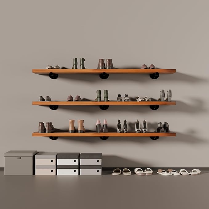 Industrial Pipe Wall Wood Shelves,Real Wooden Shelves 48" in Special Brown Color with 1.2" Extra Thickness, Modern Floating S