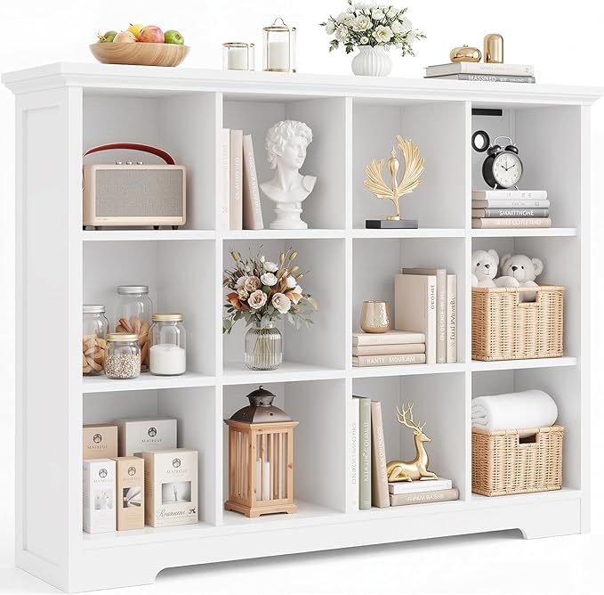 Aheaplus Wooden 12-Cube Storage Organizer with Charging Ports, Modern Cube Bookcase with Base, 4-Tier Floor Standing Open Cub